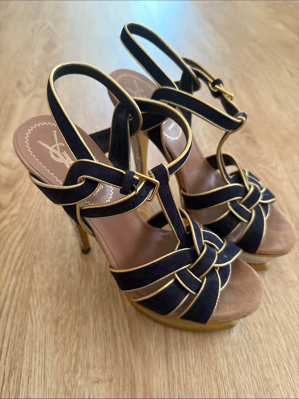 YSL Tribute 105 Navy Suede High Heel Sandals with Gold Trim - Picture 3 of 6